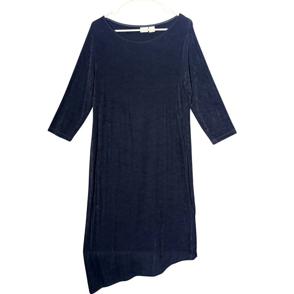 Chicos Travelers Black Asymmetrical Midi Dress 3/4 Sleeve Size 1 US 8/10 slinky